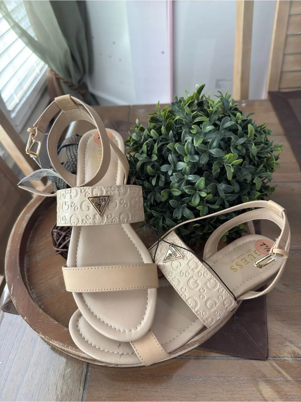 GUESS Beige/Cream Embossed Logo Ankle-Strap Sandals
